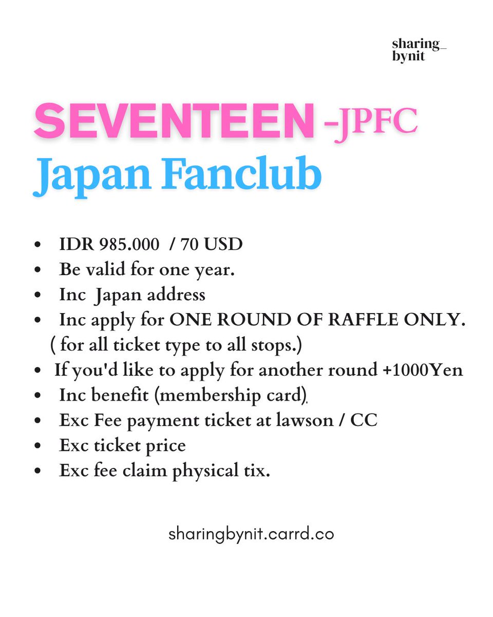 sharingbynit's tweet image. OPEN ASSISTANCE FOR  CREATE 

⟡JPFC &amp;amp; CARAMOBA⟡
⟡payment service :  kombini-lawson-familymart-sevel
⟡⁠raffle application assistance

experience :  +-100 tickets  Seventeen Concert fanmeet in japan
our proof can check on  #proof_sharingbynit

DM for more detail. 

SEVENTEEN…
