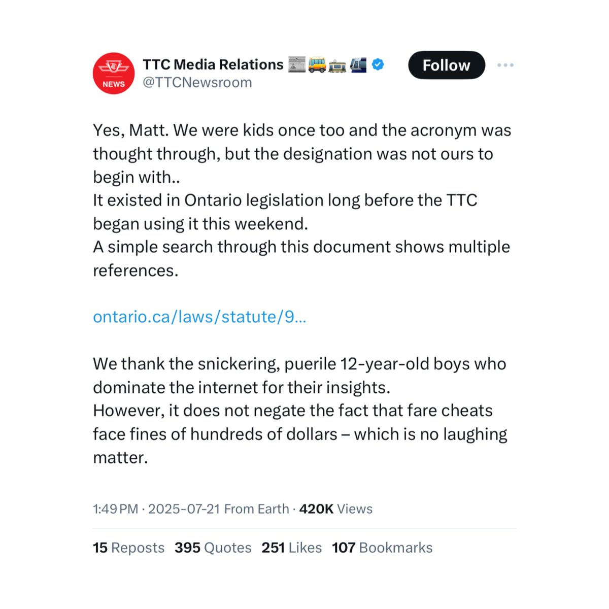 6ixbuzztv's tweet image. TTC goes off on someone who made fun of their new ‘POO’ name change for fare inspectors