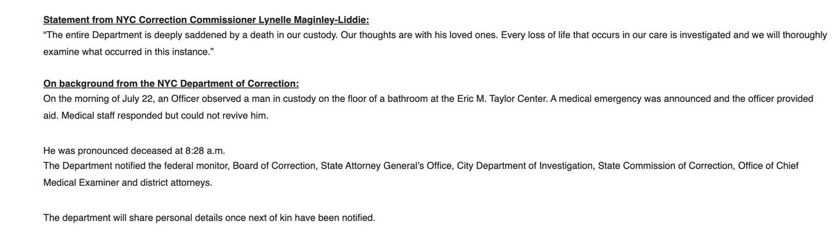 Jacob_Kaye_'s tweet image. A man was found dead on Rikers Island this morning. Few details at the moment. The unnamed man is the ninth person to die in DOC custody this year and the fourth in the last month.