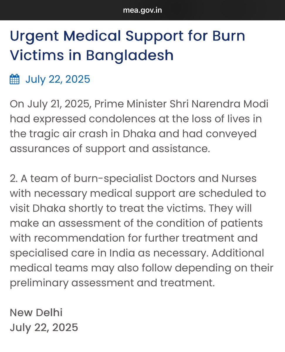 AnnuKaushik253's tweet image. Bangladesh fighter jet crash: India to send team of burn-specialist doctors and nurses to Dhaka.
#BangladeshPlaneCrash #DhakaPlaneCrash