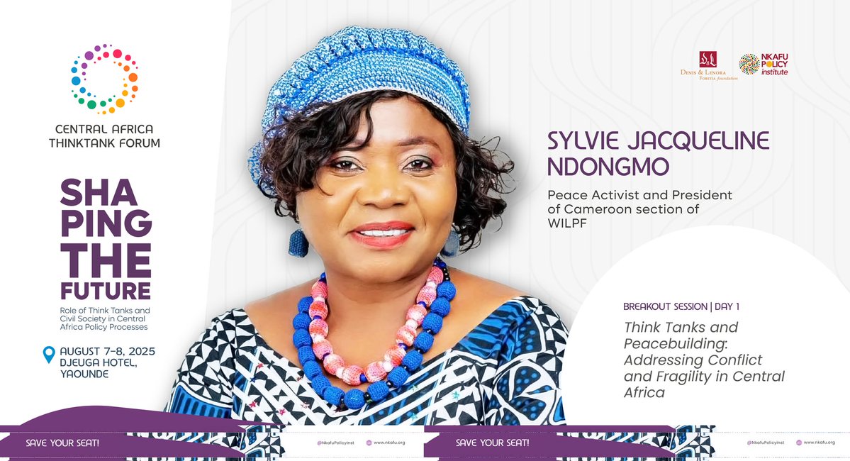 NkafuPolicyInst's tweet image. We're honored to spotlight Ms. Sylvie J. Ndongmo, President of @WILPF, as a speaker at the #2025CentralAfricaThinkTankForum. A fierce peace advocate, she’ll share bold strategies for #peacebuilding & inclusive #governance in fragile regions.
🔗 nkafu.org/cattf-2025/
#Peace