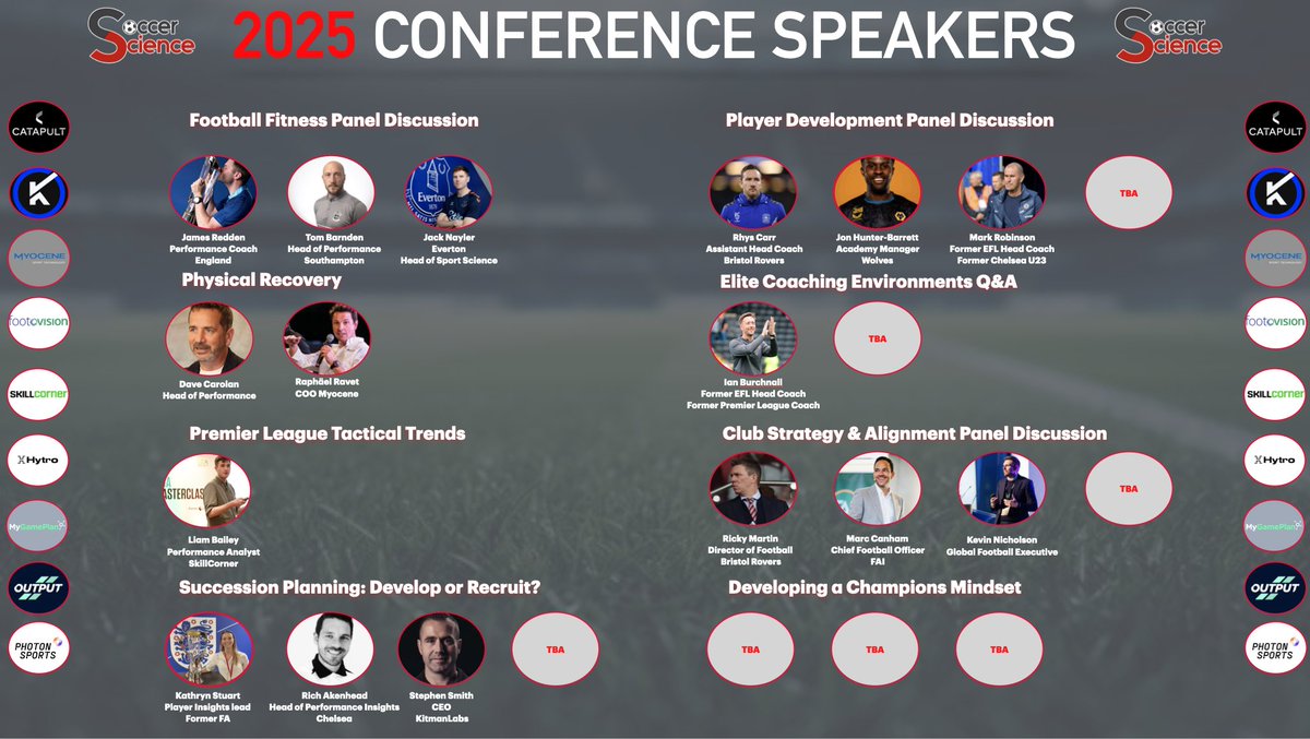 🚨 2025 - Line up so far.....🚨 

We still have several top speakers to announce, but let's check out the schedule and how the 2025 Soccer Science event is shaping up.....

📅 27/8/25
📍 SGP

Limited tickets still available:  
🎟️  shorturl.at/9gvJs