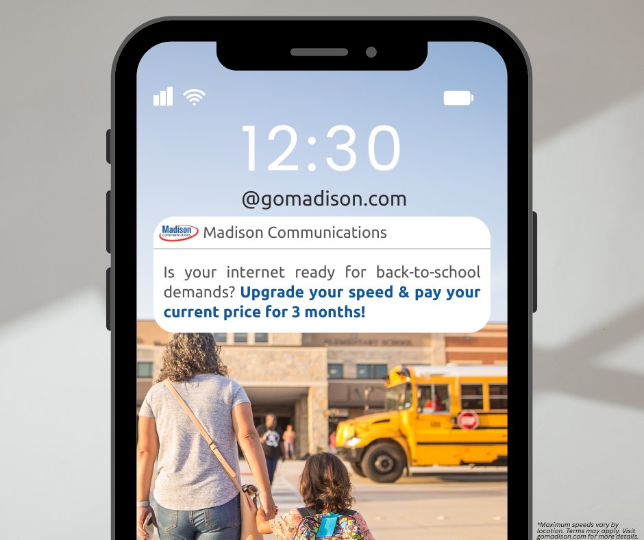 Ready for a faster connection this school year?
Get the speed your family needs and pay your current price for 3 months when you upgrade! Learn more at gomadison.com!