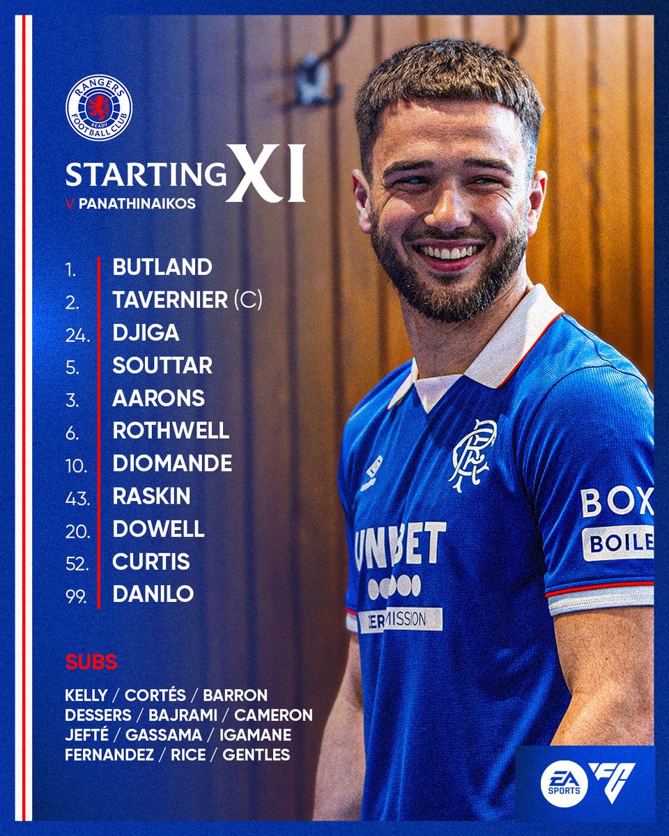 🆕 Tonight's team to face Panathinaikos at Ibrox.

📺 You can watch the match live worldwide on RangersTV.

👉 All the PPV info: rng.rs/Pana-Live