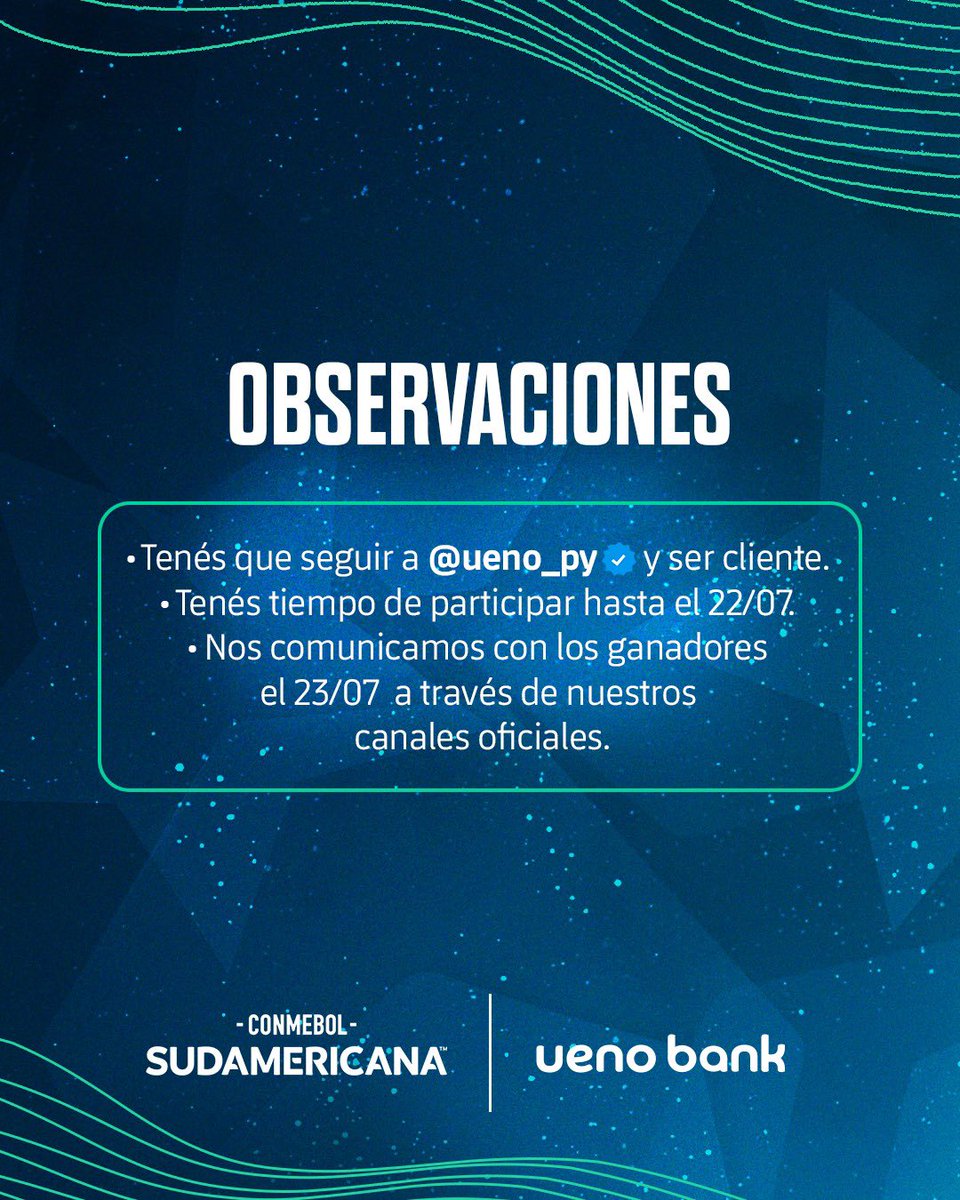 ueno bank (@uenopy) on Twitter photo ¡Atención hinchas del <a href="/ClubGuarani/">Club Guarani</a>! ⚫🟡
¿Querés alentar al aurinegro en la CONMEBOL <a href="/Sudamericana/">CONMEBOL Sudamericana</a>? Participá de nuestra mecánica y llevate entradas para el partido ante la Universidad de Chile por ronda de PlayOffs 🎫 ¡Atención hinchas del <a href="/ClubGuarani/">Club Guarani</a>! ⚫🟡
¿Querés alentar al aurinegro en la CONMEBOL <a href="/Sudamericana/">CONMEBOL Sudamericana</a>? Participá de nuestra mecánica y llevate entradas para el partido ante la Universidad de Chile por ronda de PlayOffs 🎫