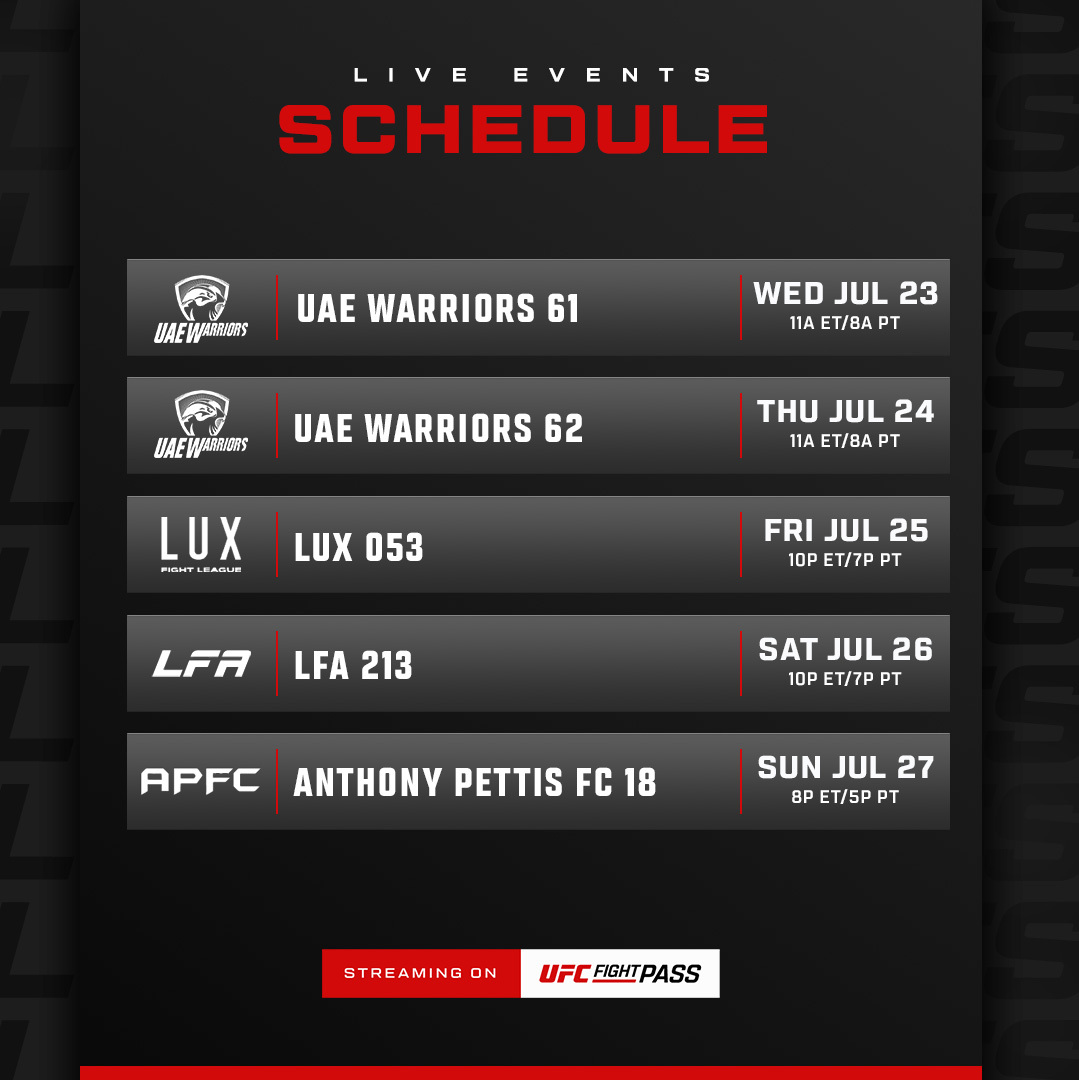 UFCFightPass's tweet image. We’ve got a busy week ahead 🙌
Keep up with all of the action on UFC Fight Pass!