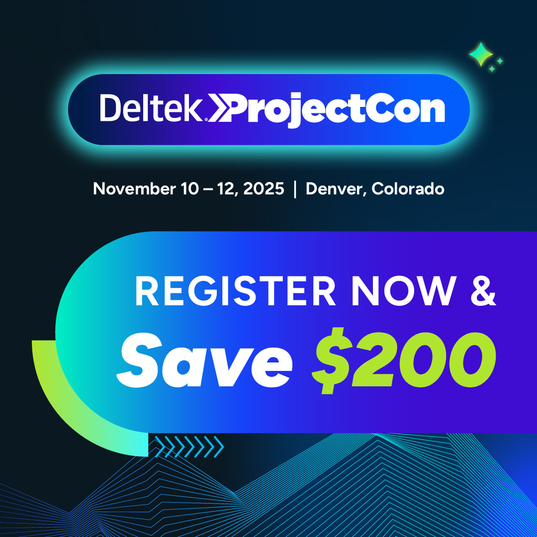 Deltek's tweet image. ⏳#DeltekProjectCon early pricing ends in 1 WEEK!⏳
Don’t miss three days of innovation, education and collaboration in Denver this November.
Register by July 31 to save $200!
info.deltek.com/DeltekProjectC…