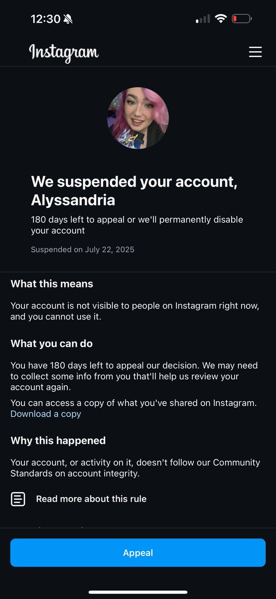 Alyssandriaaa's tweet image. This is some mega BS.
I am trying not to worry since it was happening to just about every cosplayer I know but it’s still nerve wracking. Hope I get my account back