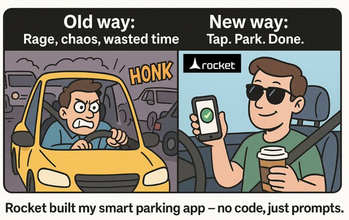 edward_viola01's tweet image. Why circle the block 6 times when you could just book your parking spot like an Airbnb?
I used Rocket to build a full smart parking marketplace — searchable spots, one-tap booking, payouts for space owners.
Zero code. Just prompts.
Here’s how it came together.
