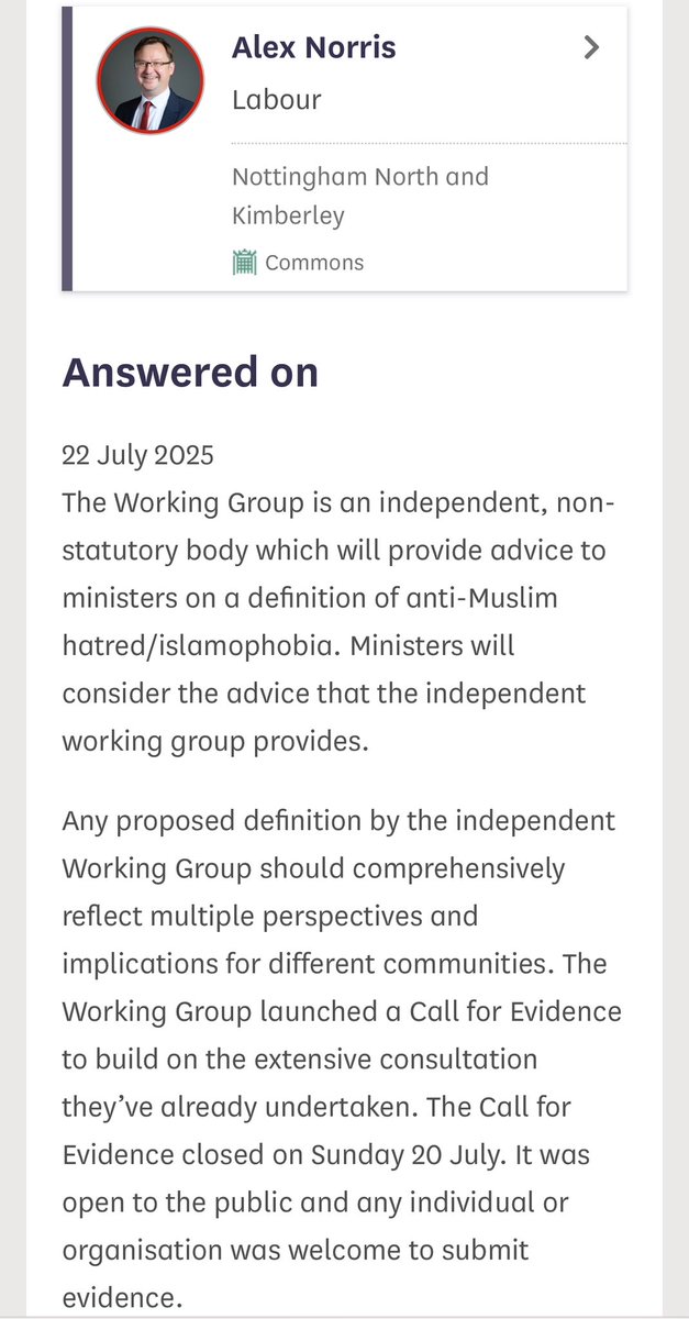 NJ_Timothy's tweet image. Labour have just admitted their “Islamophobia” working group may consult…
… the MCB - supposedly banned from government engagement…
… MEND - attacked by the Met Commissioner…
… and affiliates of the Muslim Brotherhood.
Whose side are they on? questions-statements.parliament.uk/written-questi…