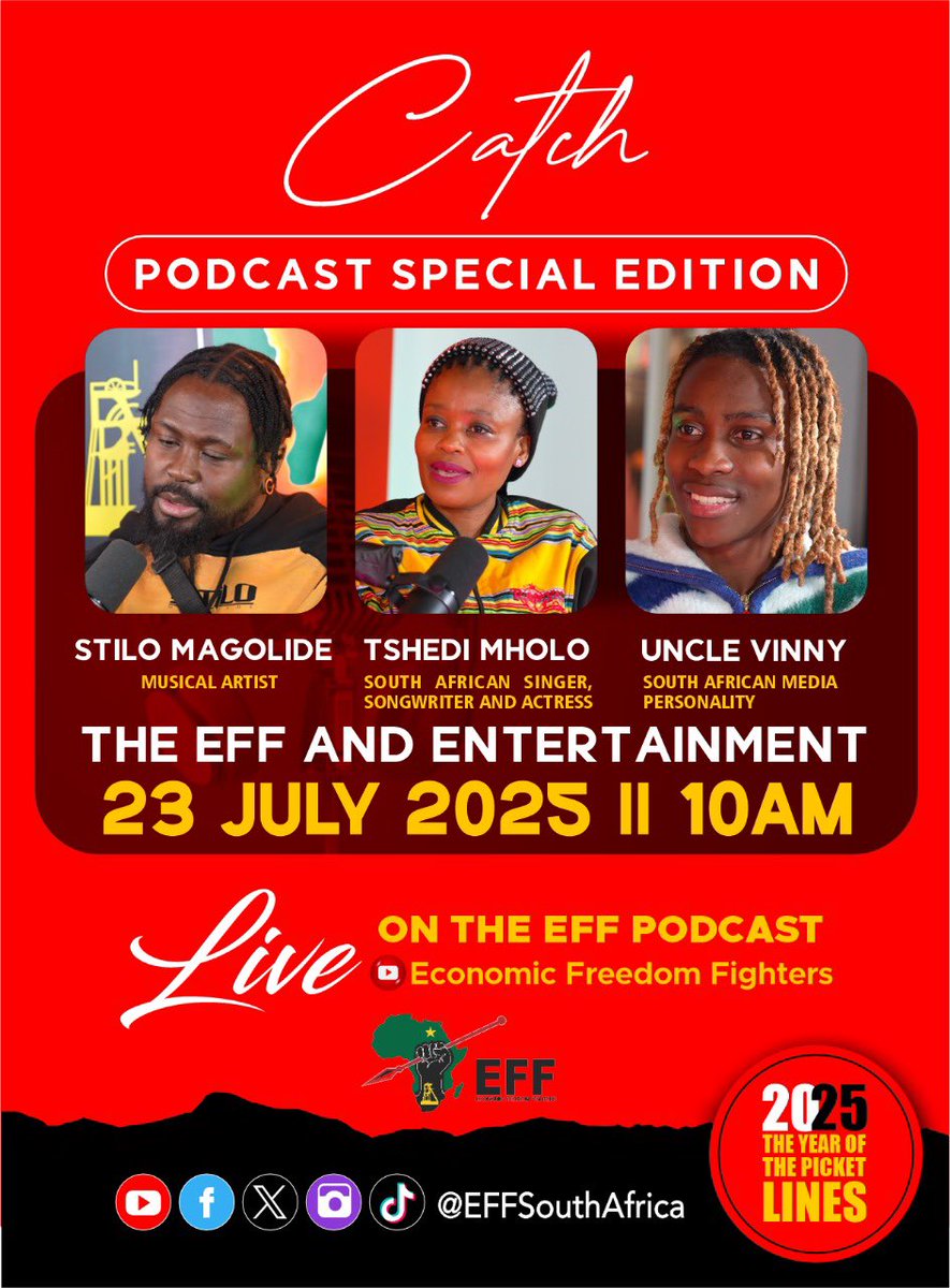 EFFSouthAfrica's tweet image. ♦️Happening Tomorrow♦️
Catch Stilo Magolide, Tshedi Mholo, and Uncle Vinny in a dynamic and thought-provoking conversation with Fighter Lebohang Mojapelo on this week’s special edition of the #EFFPodcast.
Tune in tomorrow at 10:00 AM on our official YouTube channel for a bold,…