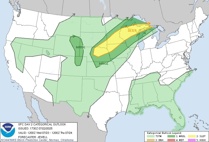 NWSSPC's tweet image. 12:32pm CDT #SPC Day2 Outlook Slight Risk: from Upper Michigan southwestward to Nebraska spc.noaa.gov/products/outlo…