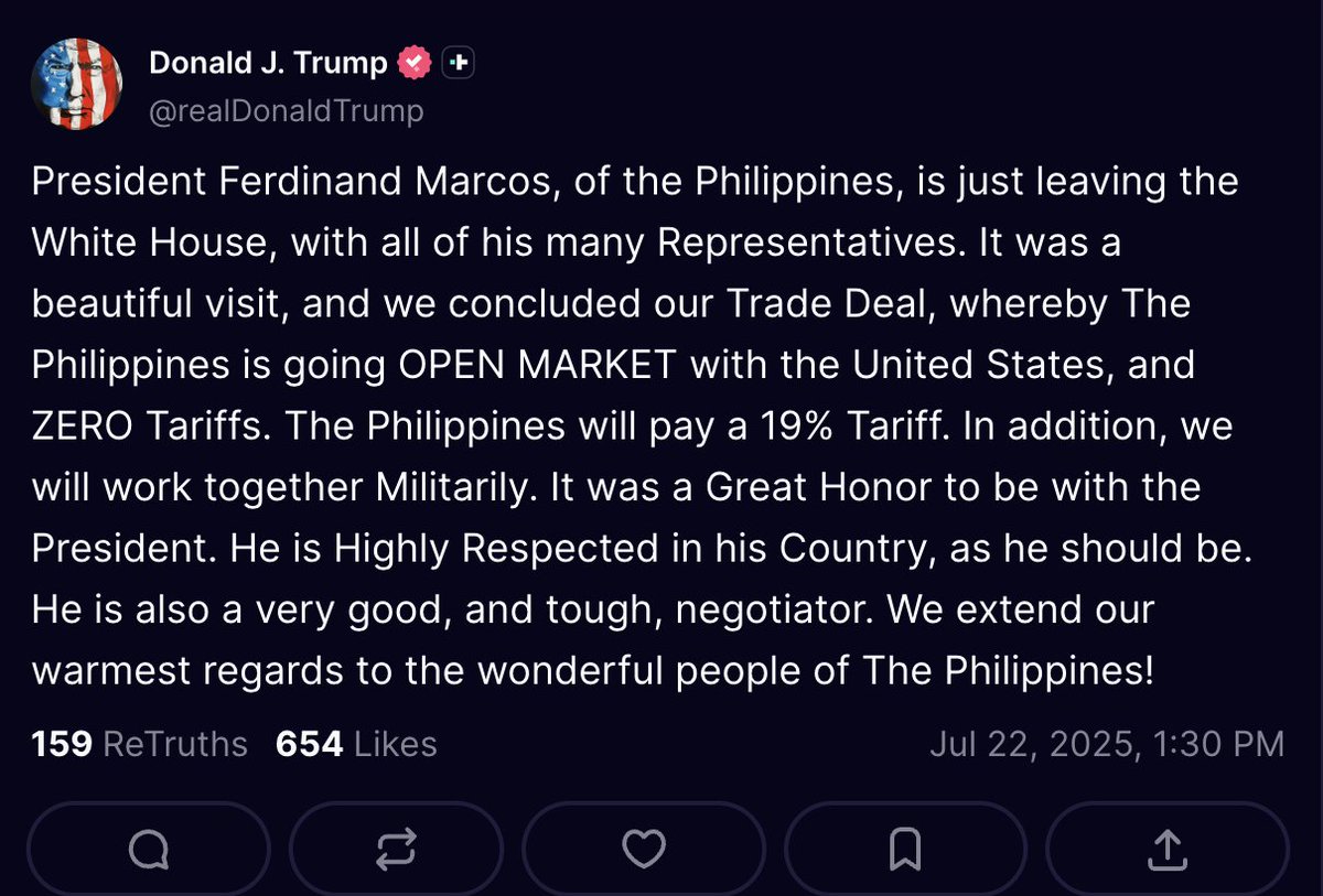 baldwin_daniel_'s tweet image. NEW: President Trump announces he has struck a trade deal with the Philippines.
They will pay a 19% tariff while completely opening up its market to the US with zero tariffs.