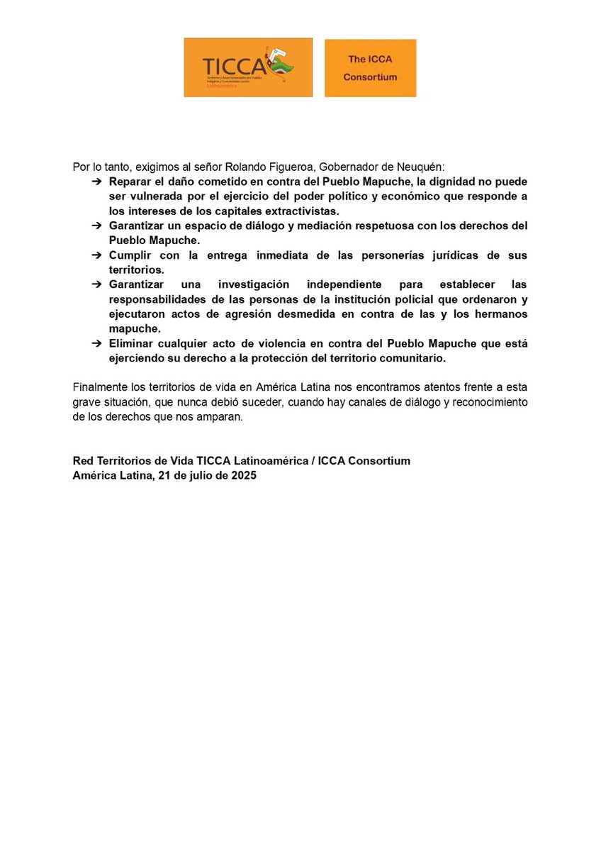 🚨 ALERTA 
Los territorios de vida de América Latina nos solidarizamos con el Pueblo Mapuche de Neuquén y exigimos el cumplimiento de la entrega de la personería jurídica de su territorio.

Lea y comparta ⤵️

🌐 iccaconsortium.org/wp-content/upl…

#mapuche
#ticcalatinoamérica