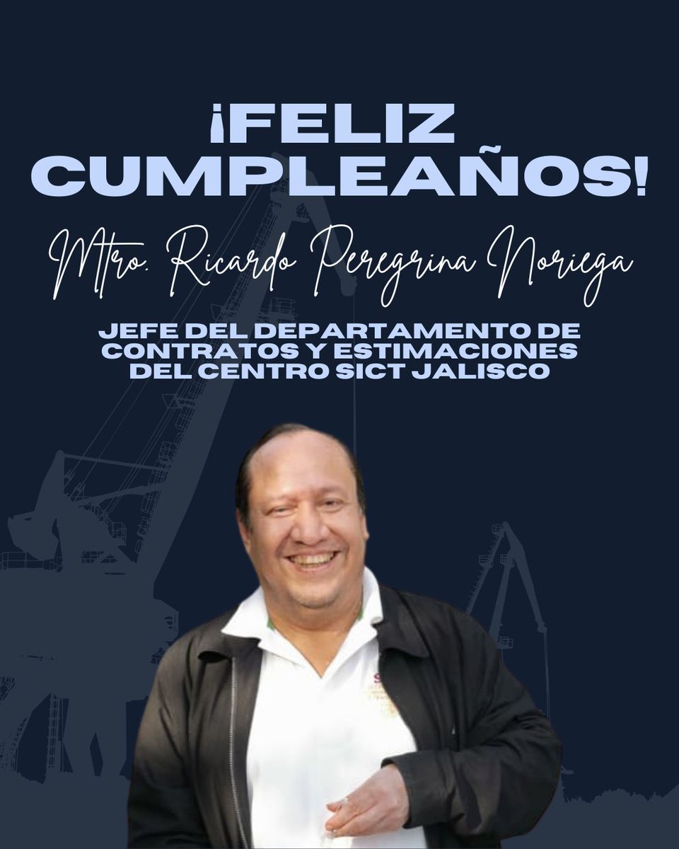 Desde el Colegio de Ingenieros Civiles del Estado de Jalisco felicitamos al Mtro. Ricardo Peregrina Noriega, Jefe del Departamento de Contratos y Estimaciones del Centro SICT Jalisco, con motivo de su cumpleaños. Reconocemos su trayectoria y el profesionalismo con el que