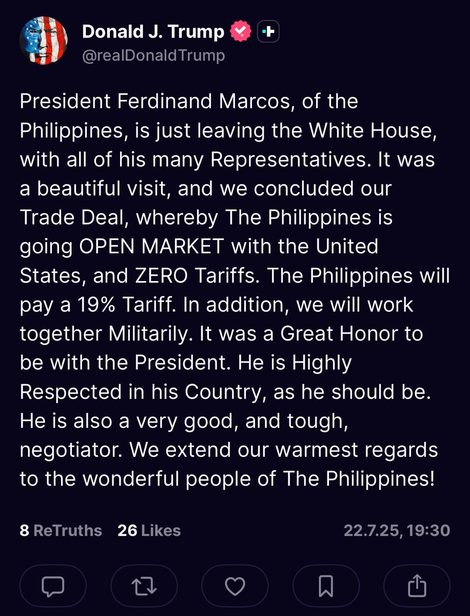 HO2604's tweet image. 🇺🇸 und 🇵🇭 haben sich auf ein Handelsabkommen geeinigt. Damit hat DJT jetzt 5 (wenn ich nichts übersehen habe).