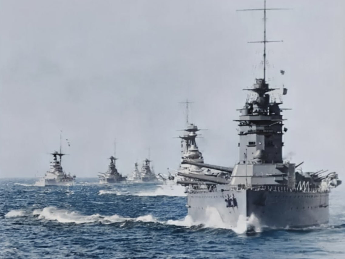 Empireaesth's tweet image. HMS Rodney leading other British Battleships during the Fleet Parade (1935)