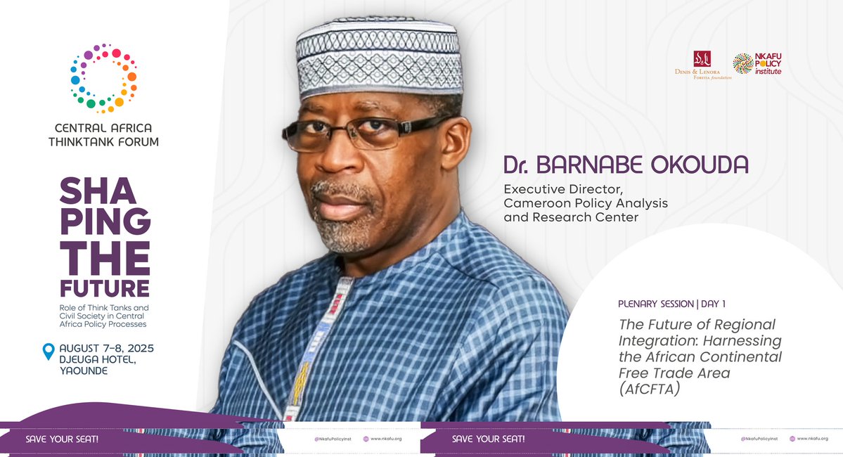NkafuPolicyInst's tweet image. Meet Dr. Barnabé Okouda, Executive Director of @Camercapparc & @AfCFTA strategist. At the #2025CentralAfricaThinkTankForum, he’ll unpack how #data, policy & #trade can unlock Central Africa’s integration potential.
Don’t miss his powerful insights!
🔗 nkafu.org/cattf-2025/