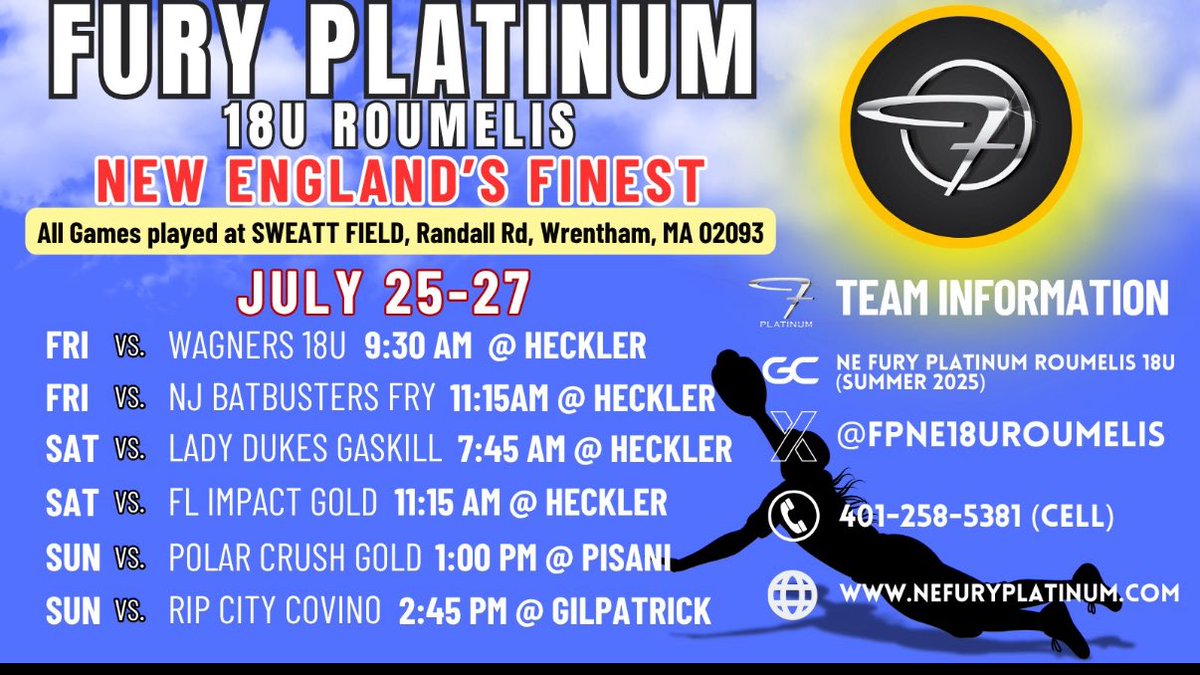 Lola Ronayne 2027 (@ronayne7lola) on Twitter photo Last tournament this weekend, back at home for New Englands Finest. Here is my schedule below I will be playing all 6 games with <a href="/FPNE18UMorgan/">Fury Platinum 18U Morgan</a> and 2 games on Saturday with <a href="/FPNE18URoumelis/">Fury Platinum 18U Roumelis</a>, excited for the competition 🖤🤍 Last tournament this weekend, back at home for New Englands Finest. Here is my schedule below I will be playing all 6 games with <a href="/FPNE18UMorgan/">Fury Platinum 18U Morgan</a> and 2 games on Saturday with <a href="/FPNE18URoumelis/">Fury Platinum 18U Roumelis</a>, excited for the competition 🖤🤍