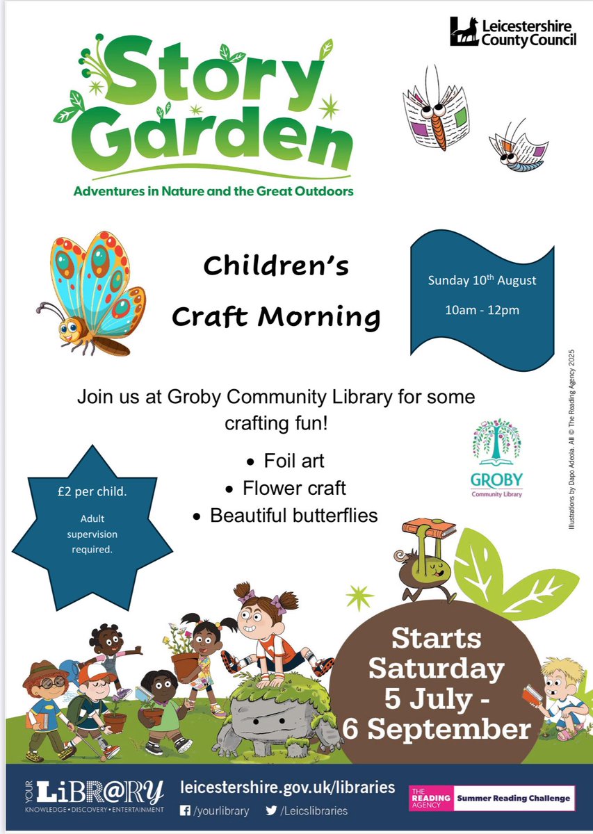 GrobyCLibrary's tweet image. Join us at Groby Community Library for another children's craft event! We'll be exploring garden inspired crafts on Sunday 10th August 10am-12pm. No need to book, £2 per child, adult supervision required. Café will be open to refresh yourselves after all the creativity! 😊🌻🌷