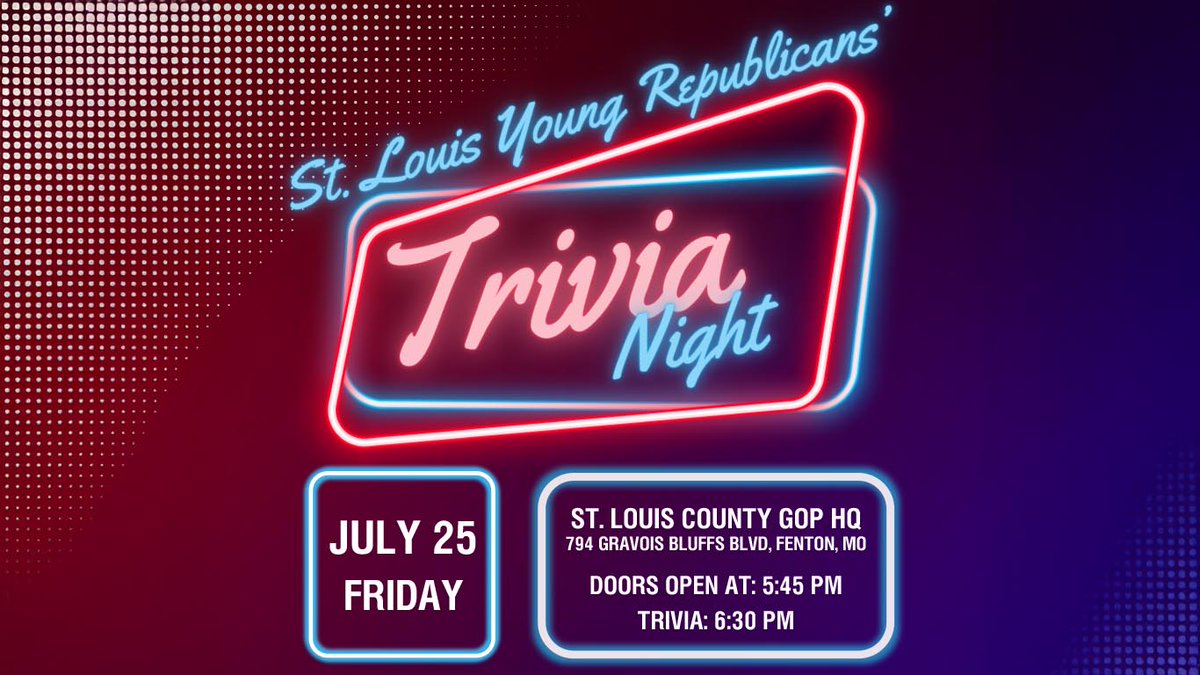 Join us this Friday for the <a href="/stlyrs/">St. Louis Young Republicans</a> Trivia Night! Only a few tables are left.

eventbrite.com/e/st-louis-yr-…