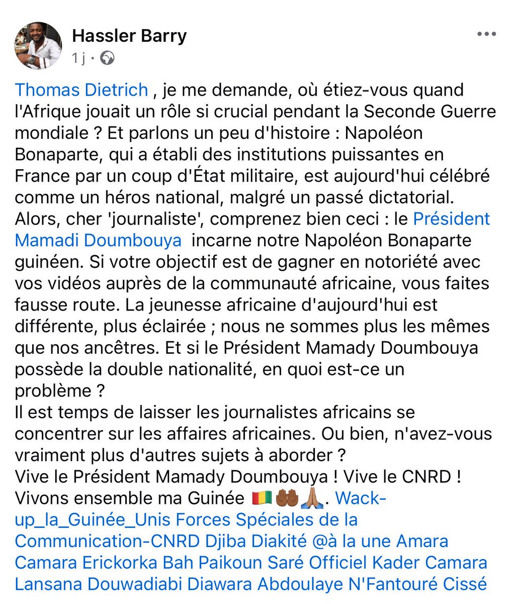 Cher Mamadi Doumbouya (alias le Napoléon de #Guinée),

Faudrait vraiment que les trolls que ton régime m’envoie arrêtent de fumer la moquette, parce qu’ils sont en train de me demander où j’étais pendant la seconde guerre mondiale (je suis juste né 45 ans après).

Du coup, je te