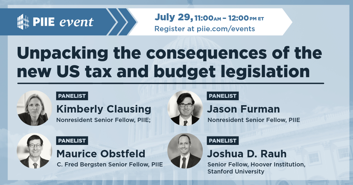 PIIE's tweet image. JULY 29: @jasonfurman, Joshua D. Rauh, @KClausing, & Maurice Obstfeld discuss impacts of the One Big Beautiful Bill Act on the country's fiscal stance, the macroeconomy, & tax policy goals.
Info & register: piie.com/events/2025/un…