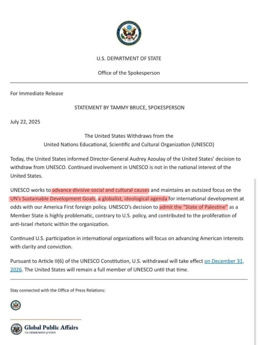 OOCprogresismo2's tweet image. 🇺🇸🏳️🌈🇵🇸 Trump retira a Estados Unidos de la UNESCO por promover la globalista Agenda 2030 y por reconocer a Palestina como Estado.