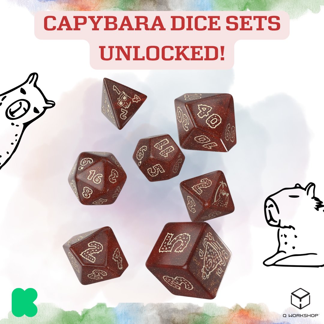 You did it! 💖 Thanks to your amazing support, the Capybara Dice Set is now UNLOCKED in the Mystery Menagerie Dice Set campaign! 🎉🎲

Next goal: 1,000 sets sold = YOU vote on the next animal! 🐾 Let’s go!