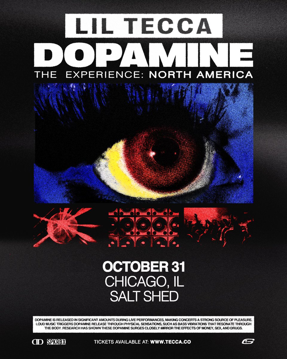 SPKRBXpresents's tweet image. CHICAGO! @liltecca brings the Dopamine Tour to @saltshedchicago on 10/31 - Tickets on sale Friday at 10am on SPKRBX.com