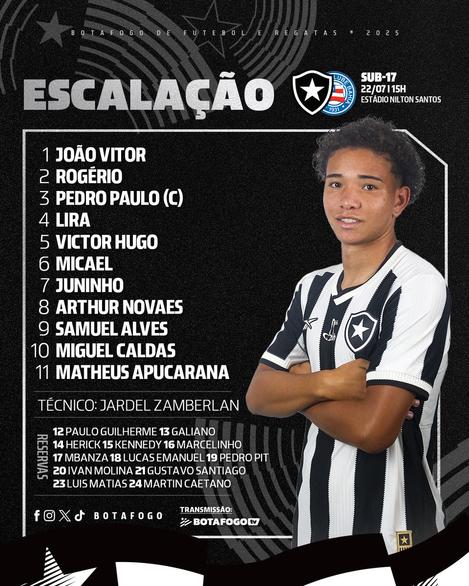 base_botafogo's tweet image. Escalados! 💪🔥
Confira a escalação do Botafogo para o duelo diante do Bahia pelo Campeonato Brasileiro Sub-17. 🌟
📺 Assista ao vivo com imagens na Botafogo TV: youtube.com/live/Fkbc4UNt7…