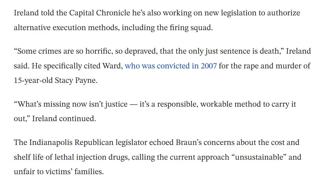 AndrewIrelandIN's tweet image. As I recently told the @INCapChronicle, the death penalty is still law in Indiana, and we should have the means to enforce it. That's why I’m working on real alternatives to lethal injections, including the firing squad - a method that is fast, effective, and constitutional