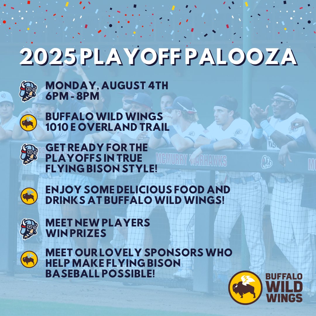 ABIFlyingBison's tweet image. THE PLAYOFF PALOOZA IS BACK! Join us August 4th at Buffalo Wild Wings to celebrate another Flying Bison post-season 🦬🪽
Abilene is hosting the Mid-America League Playoffs + Championships for the second year in a row so we need the Flying Faithful to come out and support our…