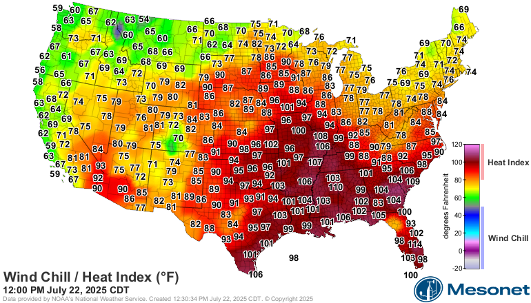 CC_StormWatch's tweet image. The hottest number on the map is right over me. You can also clearly see where the ridges and troughs are just by following the temperatures. It's cool out west...and HOT in the south.