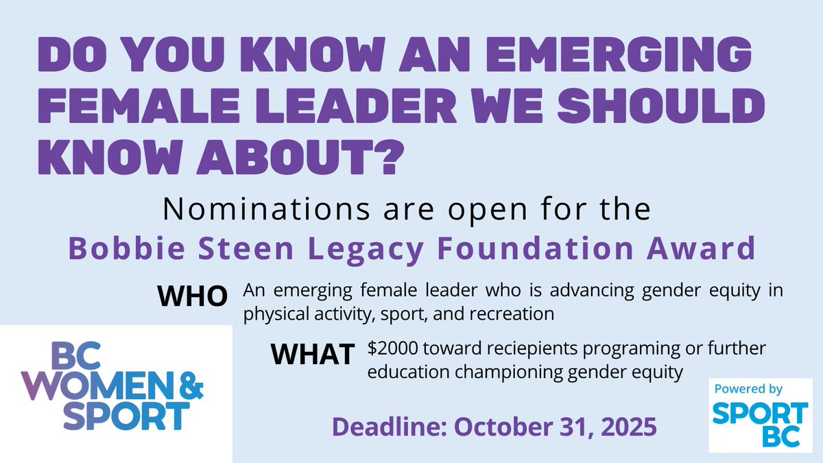 Honour an emerging female leader advancing gender equity in sport and recreation in BC by nominating them for the Bobbie Steen Legacy Foundation Award.

Learn more &amp; access the nomination form through our website: sportbc.com/promotion-plus/ 

<a href="/SportBC/">Sport BC</a> #PoweredbySportBC