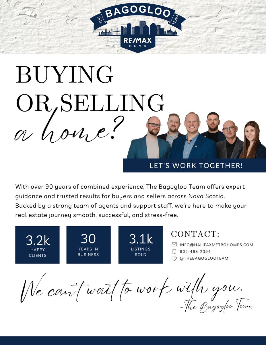 TheBagoglooTeam's tweet photo. π‘ Thinking of buying or selling in Nova Scotia?
With 90+ years of combined experience, The Bagogloo Team has the local knowledge and proven results to guide you every step of the way. Letβs make your next move the right one! πΌβ¨
#TheBagoglooTeam #REMAXNova https://t.co/RwfOO51X6h