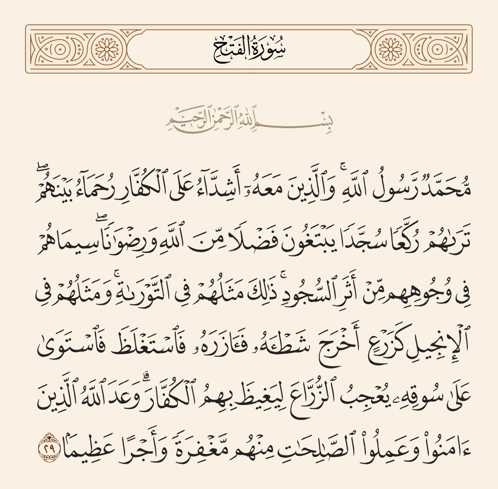 قال تعالى (مُّحَمَّدٌ رَّسُولُ اللَّهِ ۚ وَالَّذِينَ مَعَهُ أَشِدَّاءُ عَلَى الْكُفَّارِ رُحَمَاءُ بَيْنَهُمْ ۖ)