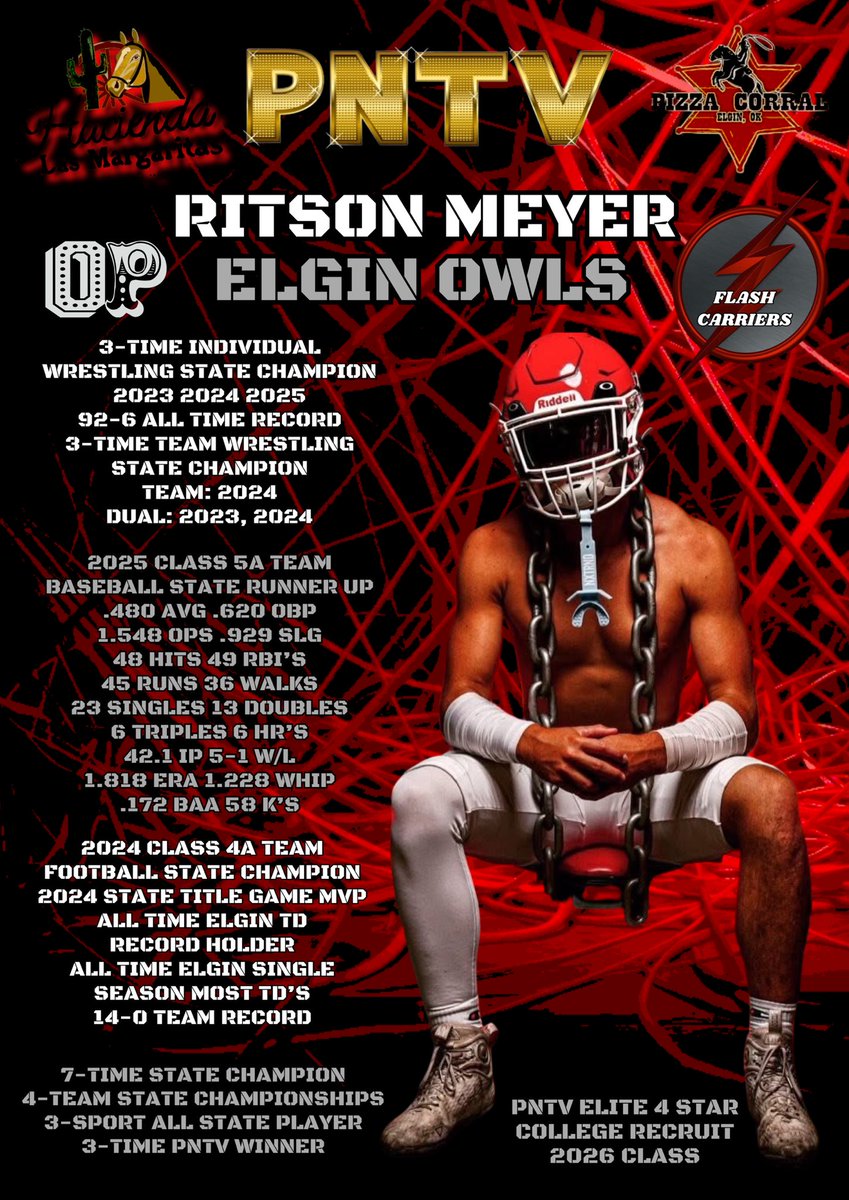 PrepNation_TV's tweet image. #OKPrepStars: PNTV Elite Player Profile
for Elgin Owl @Ritson1834. 2026 4 Star.
7-Time State Champion
3-Time Class 5A State Wrestling Champion
3-Time Class 5A Team Wrestling Champion
2024 Class 4A State Football Champion
2025 Class 5A State Runner Up
Team Wrestling and Baseball