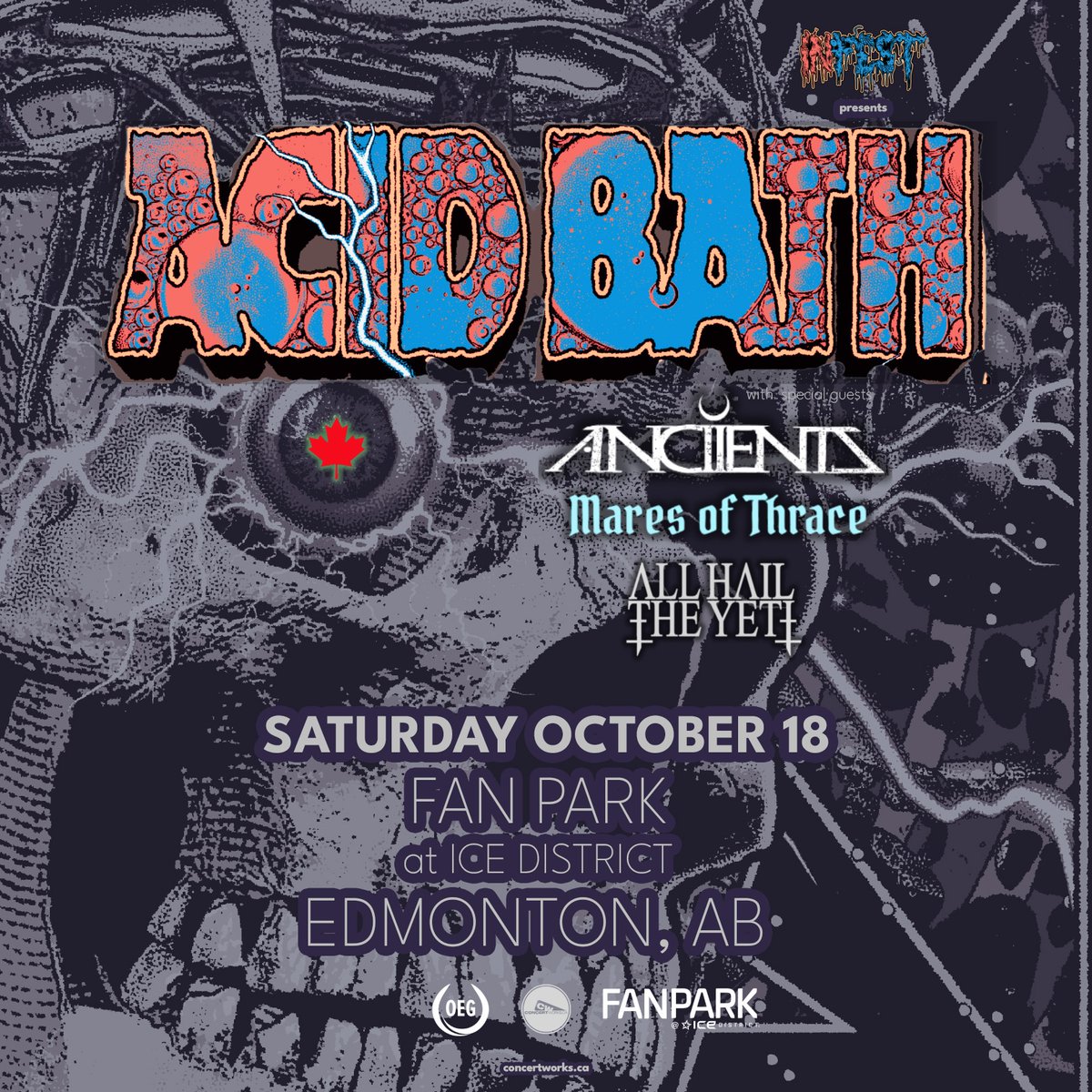 IceDistrict's tweet image. 🔥 CONCERT ANNOUNCEMENT! 🔥
Legendary ’90s metal band Acid Bath are headed to Fan Park @ ICE District on October 18 with special guests Anciients, Mares of Thrace & All Hail the Yetu!
Tickets on sale tomorrow at 10AM!
More info: IceDistrict.com/AcidBath