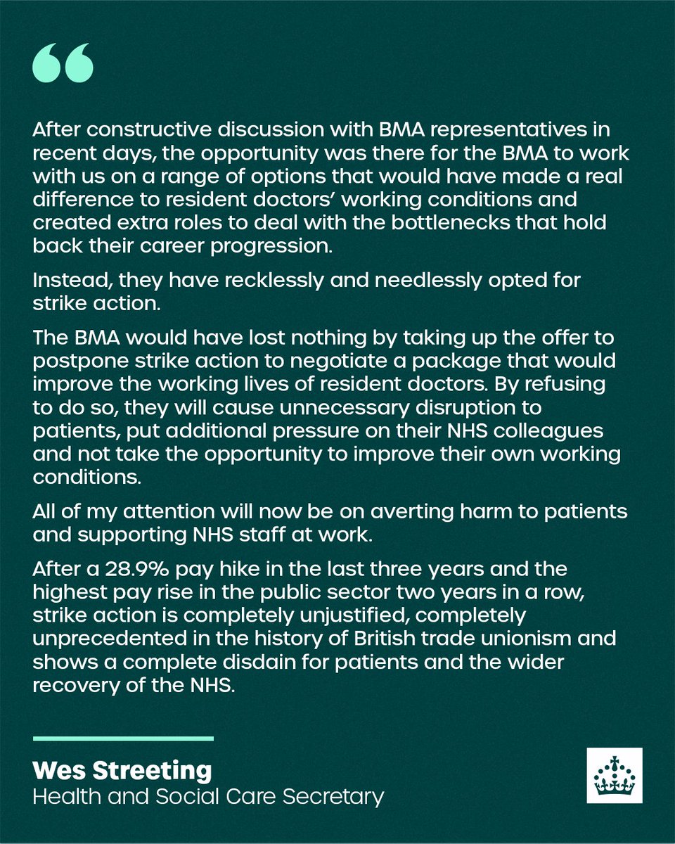 DHSCgovuk's tweet image. Health and Social Care Secretary @WesStreeting responds to the BMA confirming Resident Doctor strikes will go ahead on Friday 👇