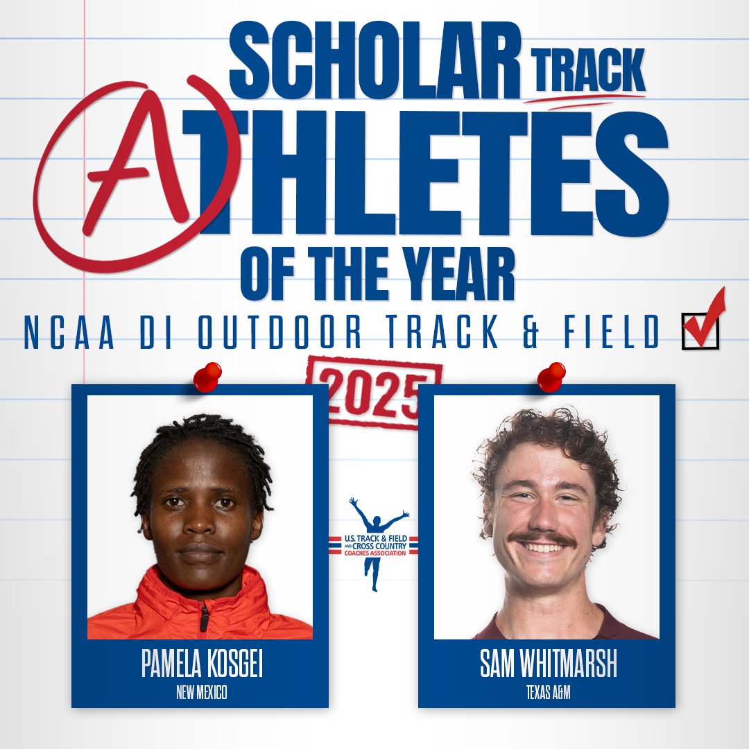 USTFCCCA (@ustfccca) on Twitter photo <a href="/NCAATrackField/">NCAA Track & Field</a> <a href="/USC_Track_Field/">USC Track & Field / XC</a> <a href="/UGATrack/">Georgia Track + Field</a> <a href="/OregonTF/">oregontf</a> <a href="/RazorbackTF/">RazorbackTF/XC</a> <a href="/AlabamaTrack/">Alabama Track & Field</a> <a href="/wyo_track/">Wyoming Track and XC</a> <a href="/BaylorTrack/">Baylor Track & Field</a> <a href="/aggietfxc/">Texas A&M Track & Field/Cross Country</a> Here are the Scholar Track Athletes of the Year for the 2025 <a href="/NCAATrackField/">NCAA Track & Field</a> DI Outdoor season!
M - Sam Whitmarsh, <a href="/aggietfxc/">Texas A&M Track & Field/Cross Country</a>
W - Pamela Kosgei, <a href="/UNMLoboXCTF/">New Mexico XC/T&F</a>
ustfccca.org/2025/07/featur⦠<a href="/NCAATrackField/">NCAA Track & Field</a> <a href="/USC_Track_Field/">USC Track & Field / XC</a> <a href="/UGATrack/">Georgia Track + Field</a> <a href="/OregonTF/">oregontf</a> <a href="/RazorbackTF/">RazorbackTF/XC</a> <a href="/AlabamaTrack/">Alabama Track & Field</a> <a href="/wyo_track/">Wyoming Track and XC</a> <a href="/BaylorTrack/">Baylor Track & Field</a> <a href="/aggietfxc/">Texas A&M Track & Field/Cross Country</a> Here are the Scholar Track Athletes of the Year for the 2025 <a href="/NCAATrackField/">NCAA Track & Field</a> DI Outdoor season!
M - Sam Whitmarsh, <a href="/aggietfxc/">Texas A&M Track & Field/Cross Country</a>
W - Pamela Kosgei, <a href="/UNMLoboXCTF/">New Mexico XC/T&F</a>
ustfccca.org/2025/07/featurβ¦