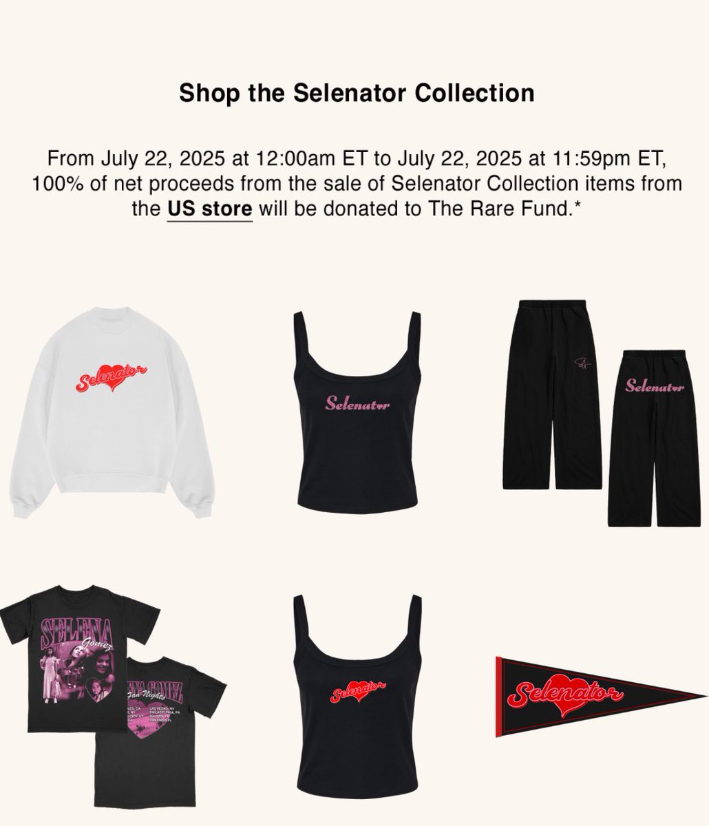 updateselenas's tweet image. Uma nova coleção chamada “Selenator Collection” foi lançada no site oficial da Selena Gomez, e somente hoje (22/07), 100% dos lucros serão destinados ao Rare Impact Fund.