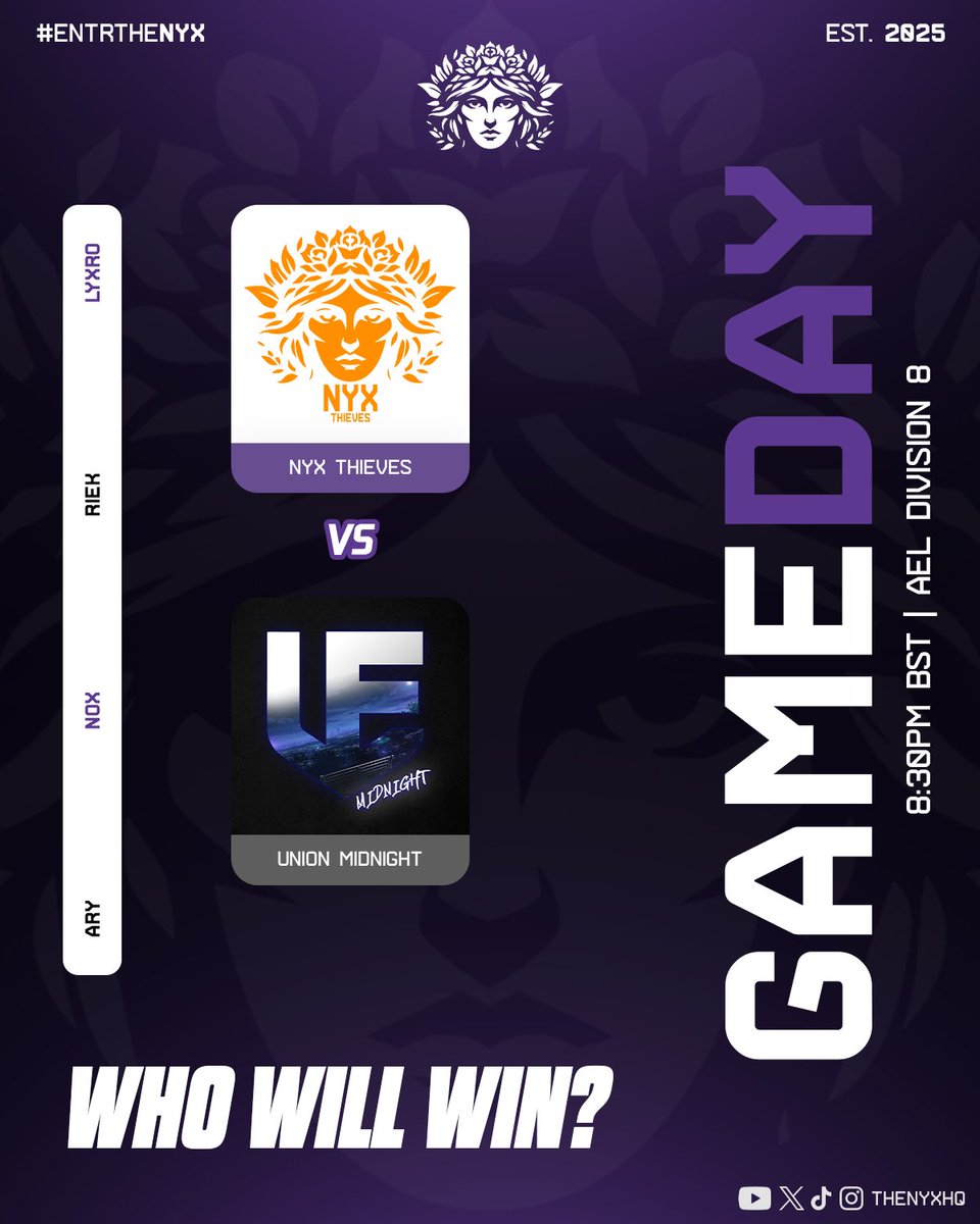 The Gulag ๐ฌ๐ง (@thegulag_) on Twitter photo GAMEDAY!
๐
- 22nd July 25
๐ฃ- 8:30pm BST
๐- Union Midnight
โ๏ธ- <a href="/AMeLeague/">AEL - Amateur Esports League</a>
๐ - <a href="/Aryzeh/">Ary</a>
โช๏ธ- <a href="/NoxEvolve/">Jared England</a>
๐ - <a href="/0Riek/">ยฃthan ๐๐ธ</a>
โช๏ธ- <a href="/LyxroEu/">Lyxro</a>
#EntrTheNyx GAMEDAY!
๐
- 22nd July 25
๐ฃ- 8:30pm BST
๐- Union Midnight
โ๏ธ- <a href="/AMeLeague/">AEL - Amateur Esports League</a>
๐ - <a href="/Aryzeh/">Ary</a>
โช๏ธ- <a href="/NoxEvolve/">Jared England</a>
๐ - <a href="/0Riek/">ยฃthan ๐๐ธ</a>
โช๏ธ- <a href="/LyxroEu/">Lyxro</a>
#EntrTheNyx