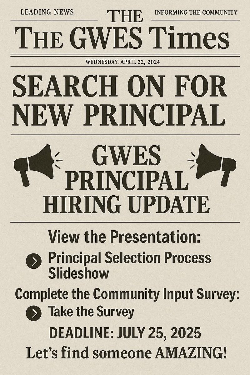 Glenarden Woods ES (@gwes_pgcps) on Twitter photo 📣 GWES Principal Search is underway!
💙 Help us find a leader who will carry on the excellence of Glenarden Woods!
📝 Share your input: surveymonkey.com/r/ZTGVCVNGlena…
📄 Learn more: drive.google.com/file/d/1dnu2lk…
📅 Deadline: July 25
#GWES #TigerPride #PrincipalSearch <a href="/gwes_pta/">Glenarden Woods Elementary School PTA</a> 📣 GWES Principal Search is underway!
💙 Help us find a leader who will carry on the excellence of Glenarden Woods!
📝 Share your input: surveymonkey.com/r/ZTGVCVNGlena…
📄 Learn more: drive.google.com/file/d/1dnu2lk…
📅 Deadline: July 25
#GWES #TigerPride #PrincipalSearch <a href="/gwes_pta/">Glenarden Woods Elementary School PTA</a>