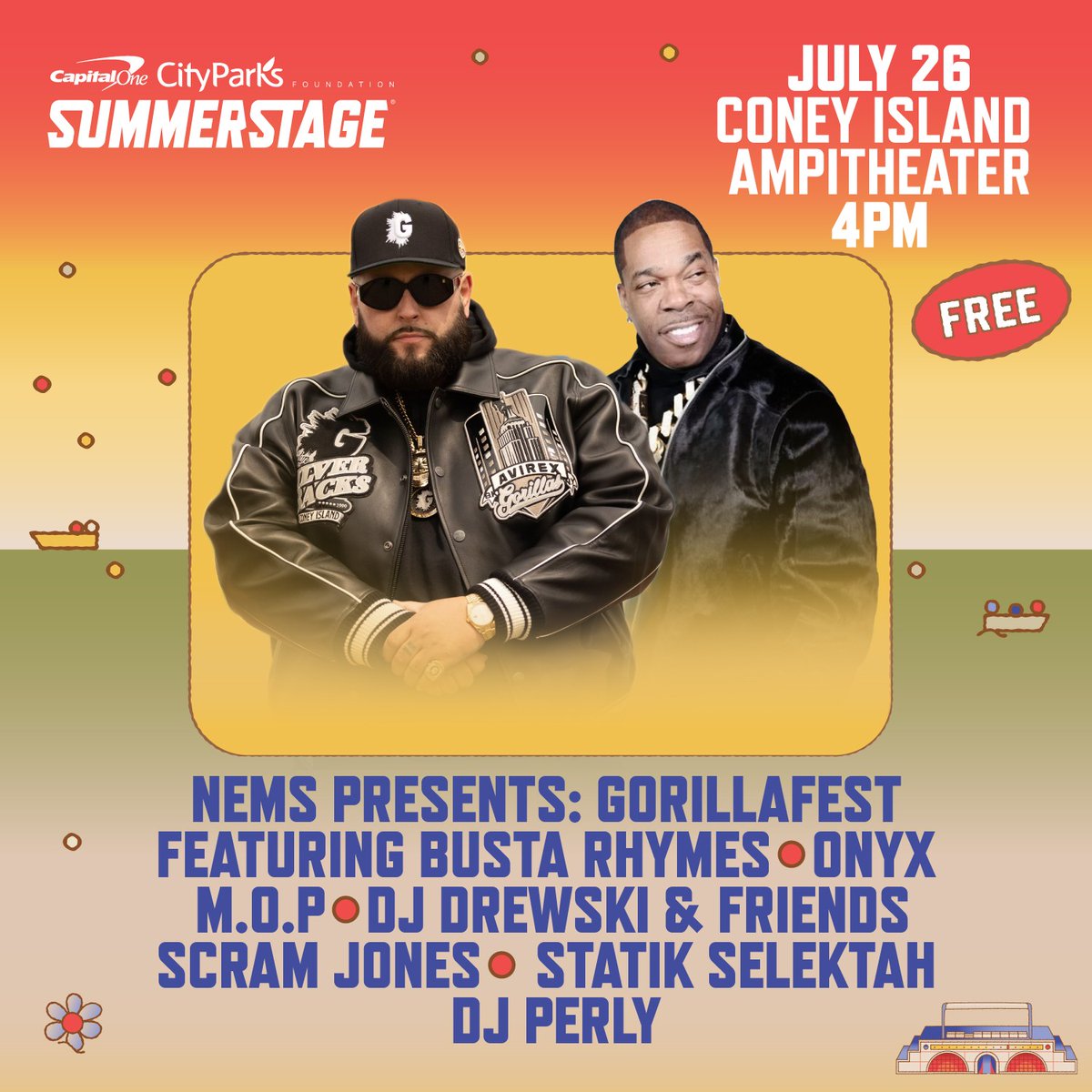 SummerStage's tweet image. BING BONG! GORILLAFEST is back at @capitalone @cpfnyc #SummerStage. @NEMS_FYL is returning to @coneyamp on Saturday, July 26, with a star-studded FREE show featuring @BustaRhymes, Onyx, M.O.P., and MORE! Doors open at 4PM cityparksfoundation.org/events/nems-pr…