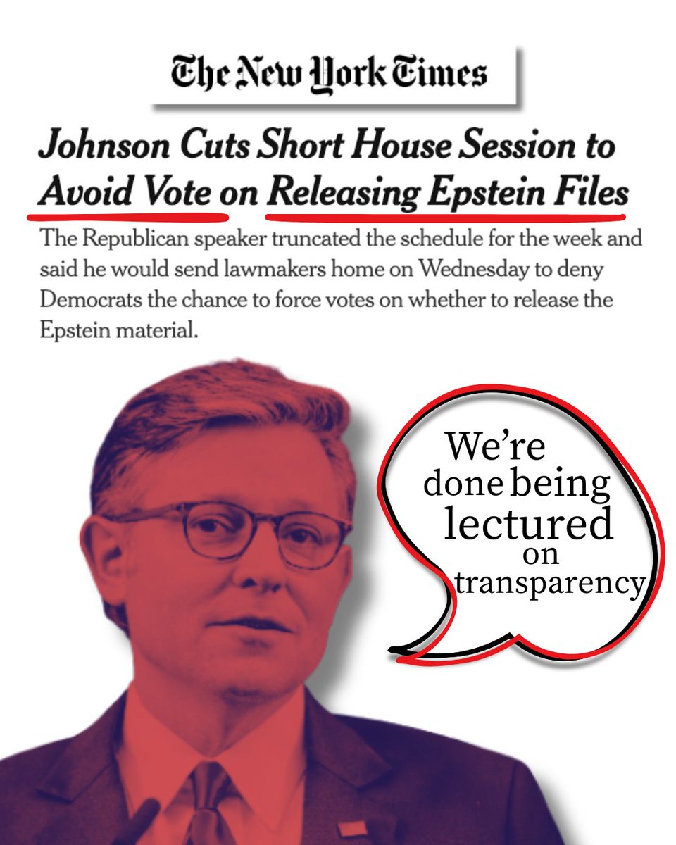 Rep_McBride's tweet image. BREAKING: Speaker Johnson is sending the House home early to dodge a vote on releasing the Epstein Files.
For Congressional Republicans, transparency isn’t a principle—it’s an inconvenience.
