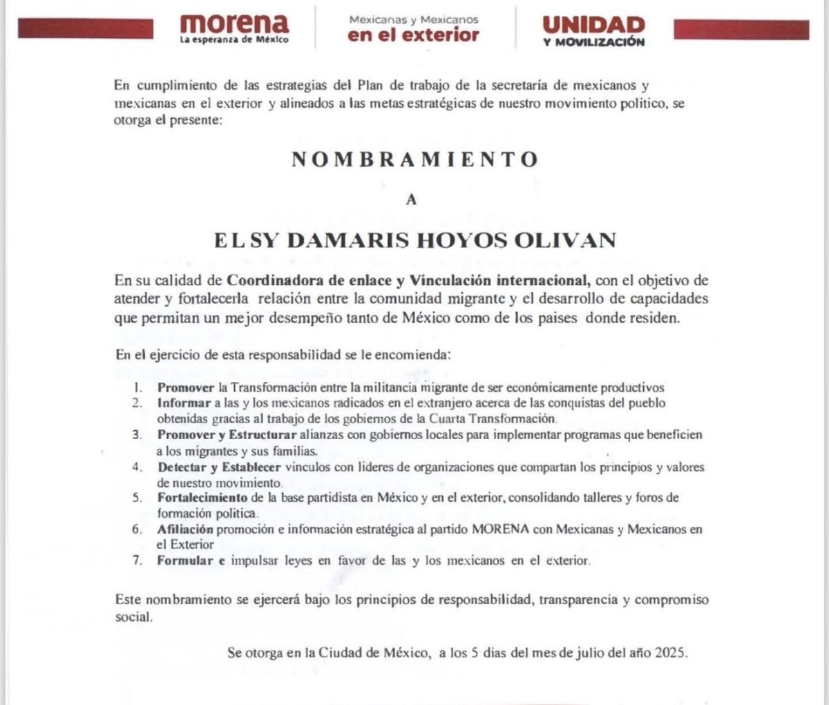 Obed_Olivares's tweet image. 🔴Como miembro del Comité de Morena Internacional 2011, Felicitamos 🥳 a la Queridísima Compañera🚺 Damaris Hoyos @DamarisHoyosO por su nuevo nombramiento como &lt;Coordinadora de enlace y Vinculación Internacional 2025&gt; en #MorenaExterior de nuestro @PartidoMorenaMx.