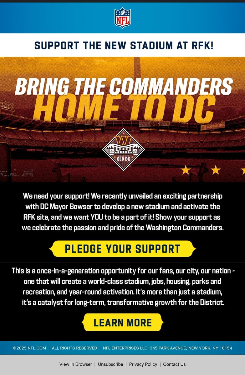 Gcarmi21's tweet image. Interesting e-mail I received yesterday from "The NFL on behalf of the Commanders."
The e-mail asks responders to pledge their support and testify during public hearings.
Seems like the NFL wants to get this deal done. As do I. #RaiseHail