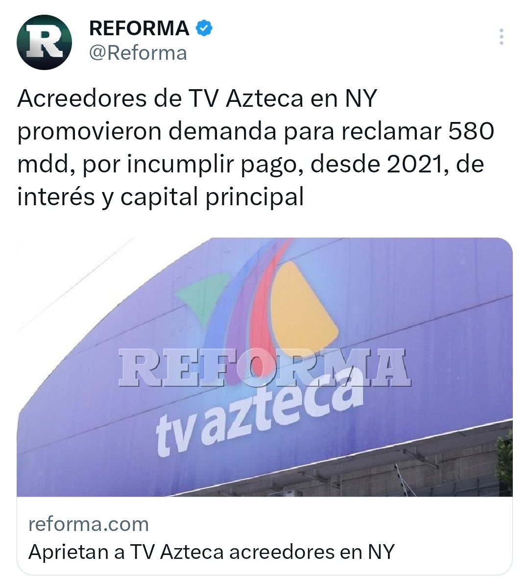 catrina_nortena's tweet photo. 🚨 ESTAS BUENAS NOTICIAS NO LAS VERÁS EN TV AZTECA

Acreedores de Estadosunidos promovieron demanda por 580 MDD en contra de Azteca por no pagar un prestamo que originalmente era de 400 MDD... https://t.co/qsVKkVUgTu