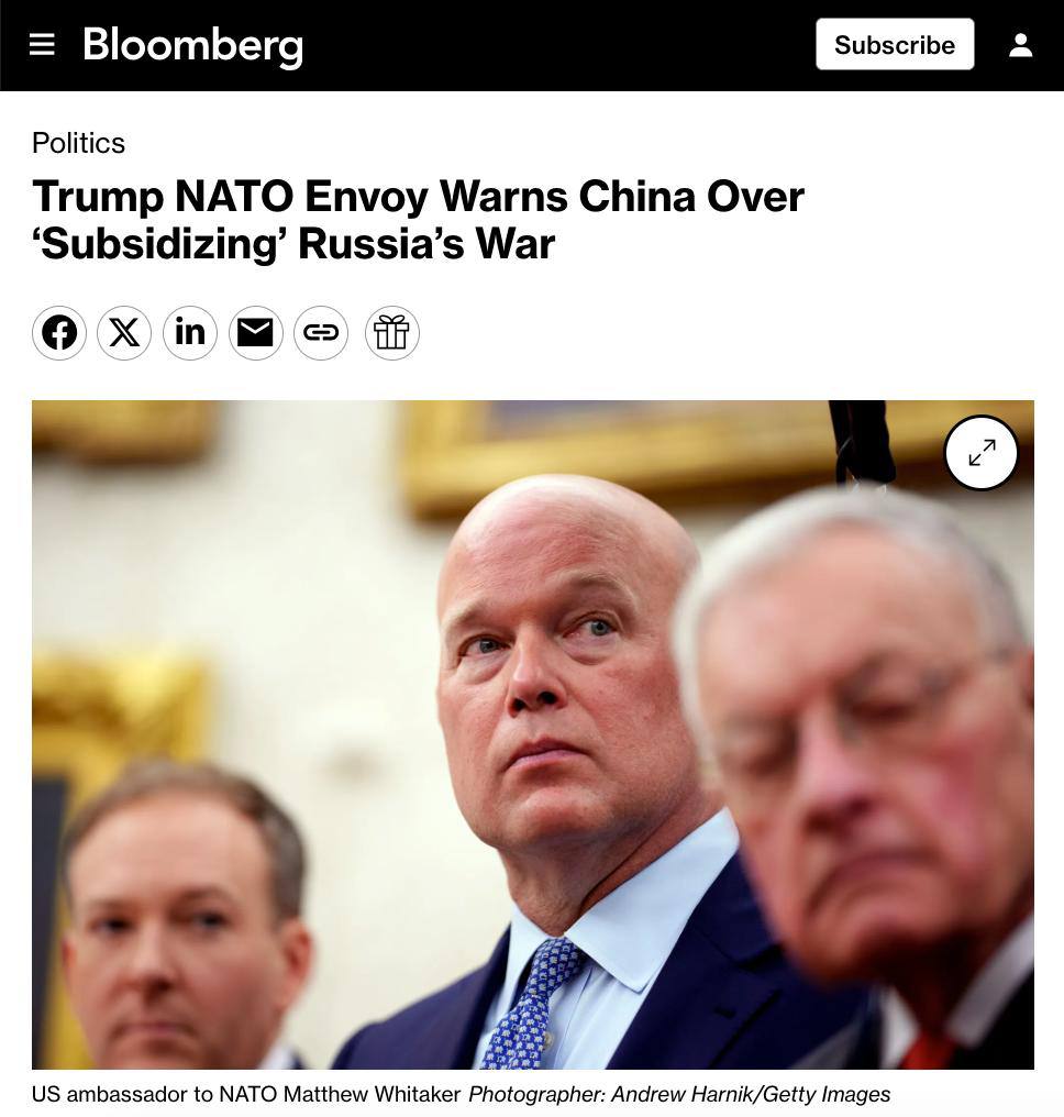 cossackgundi's tweet image. 📢 Called this MONTHS ago.
China isn’t neutral. It’s using Russia as a blunt instrument to drain the West and test NATO’s limits.
Now even the US Ambssador to NATO is saying it out loud, this is a Chinese backed proxy war.